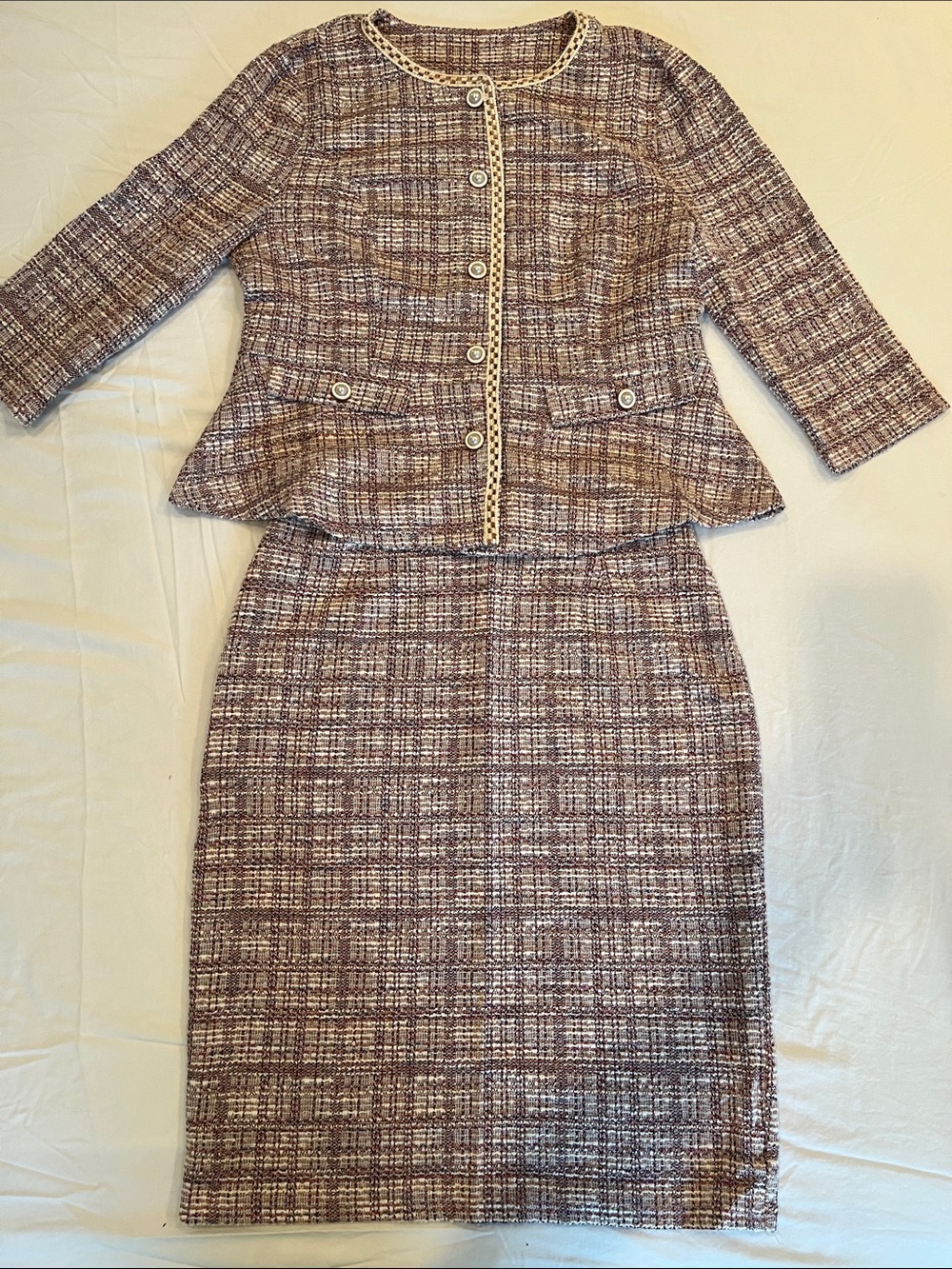 Allegra K Tweed Pencil Skirt Set in Brown and Cream